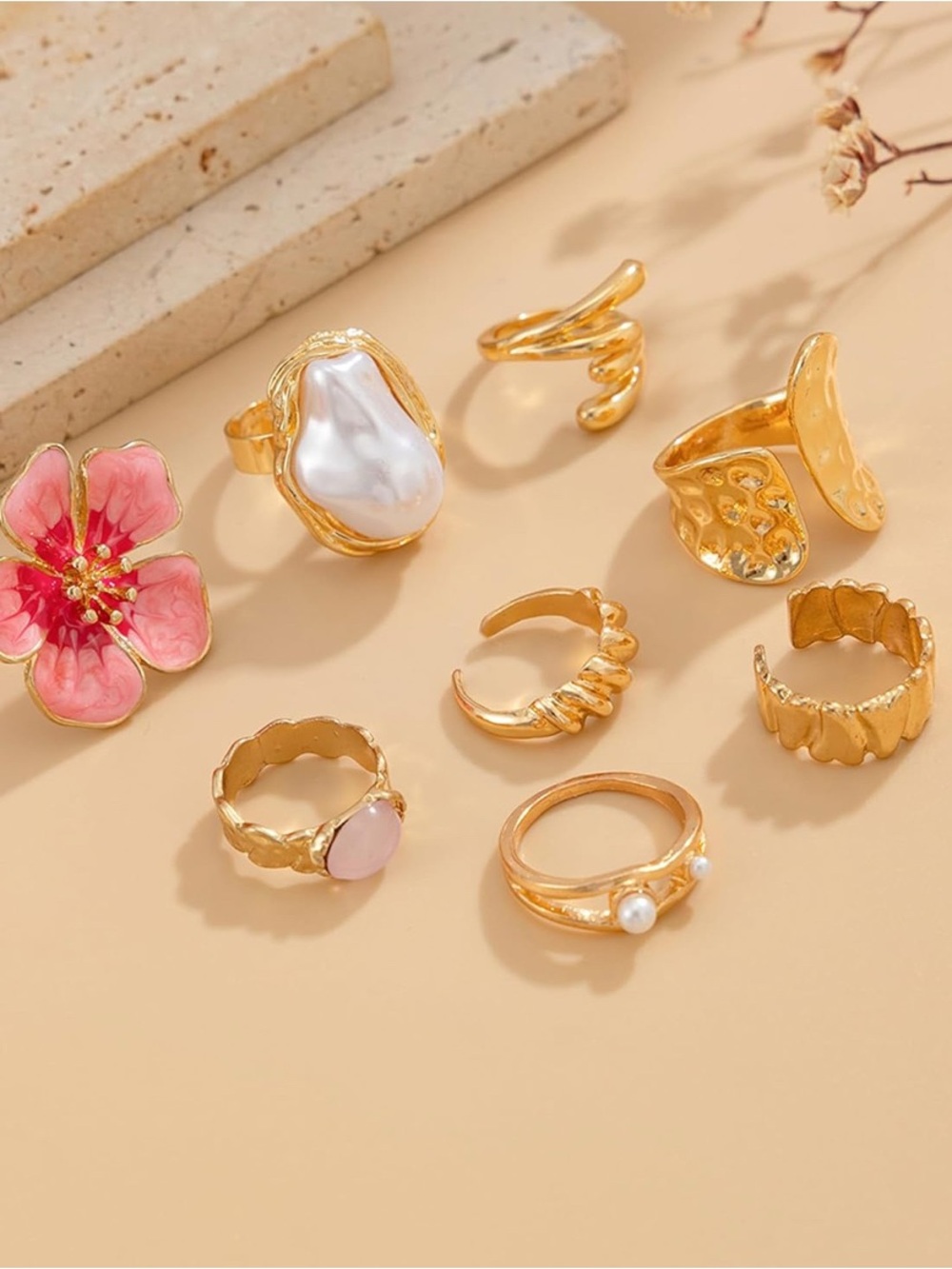 Anthropologie Gold & Pink Flower Statement Stackable Pearl Ring Set - Picture 2 of 5